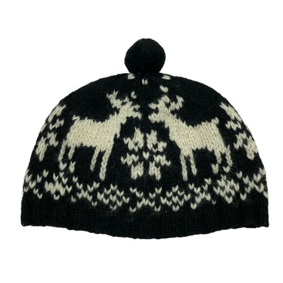 Rare Vintage 80s GAP Black & White 100% Wool Reindeer Snowflake Knit Beanie Cap - Picture 7 of 10